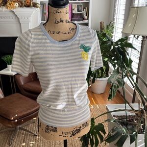 J. Crew Blue and White Striped Blouse with Pineapple Patch